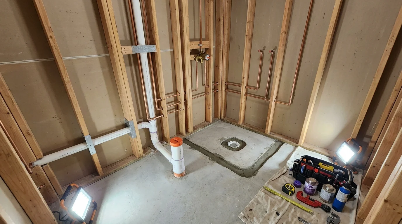 Bathroom rough-in plumbing during remodel by Johns Plumbing LLC in Paul