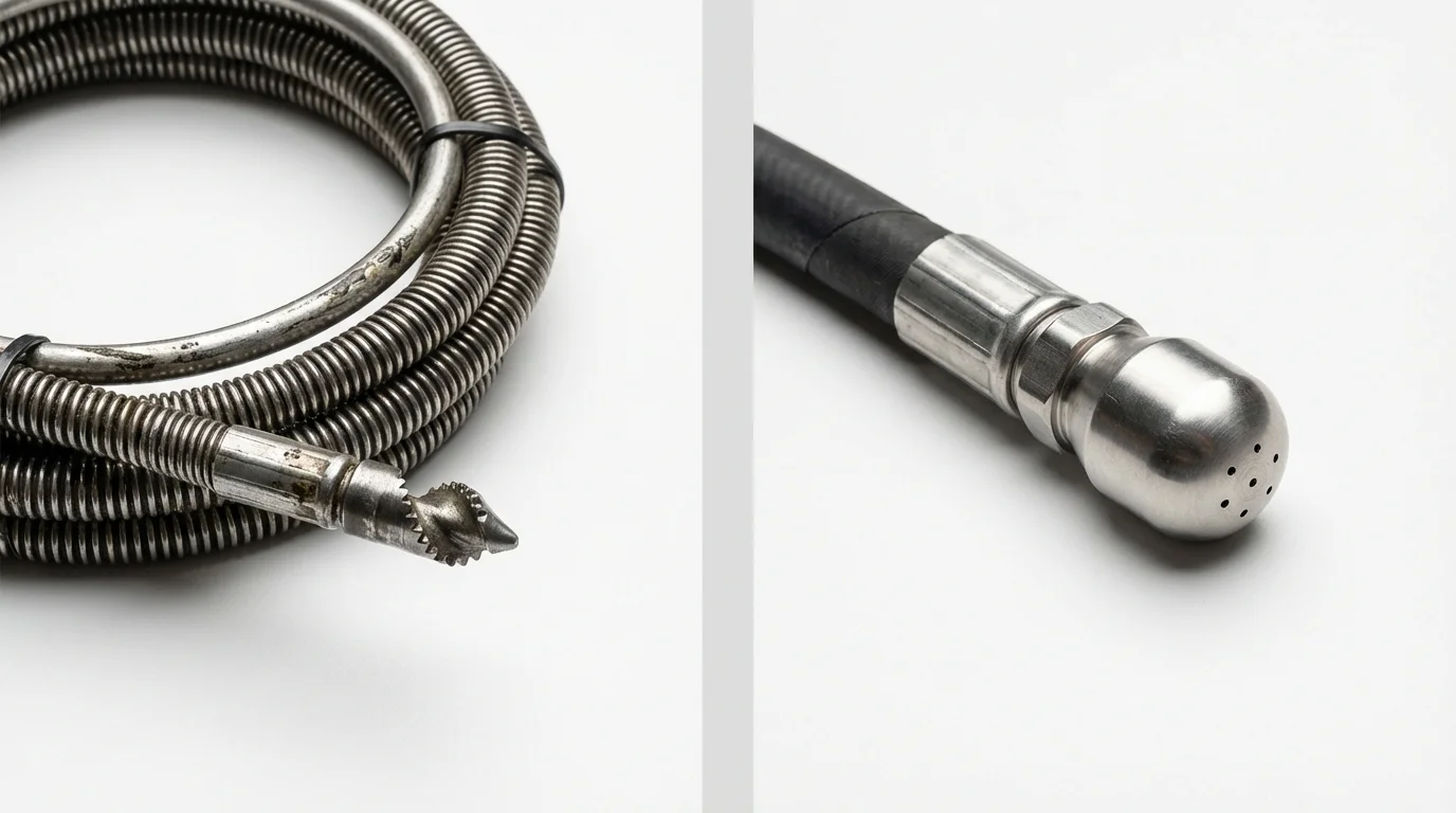 Drain snake cable and hydro jetting nozzle used for drain cleaning in Paul, ID
