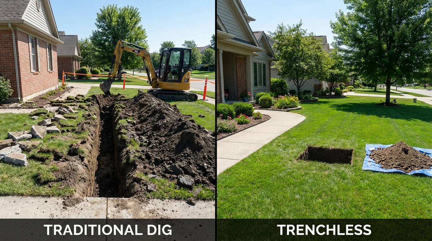 Trenchless sewer repair with minimal yard damage versus traditional excavation in Paul, ID