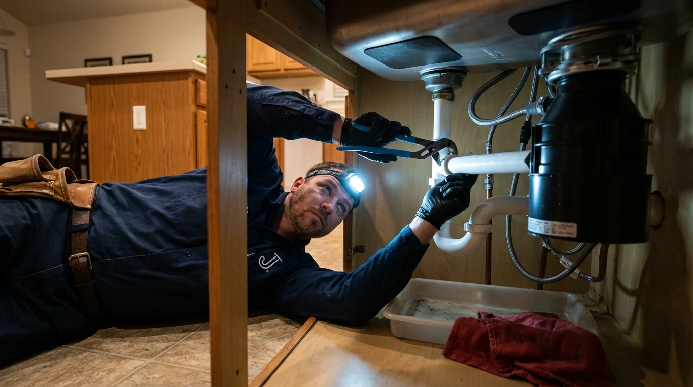 P-trap and supply line connections under a kitchen sink showing a common leak point in Paul, ID